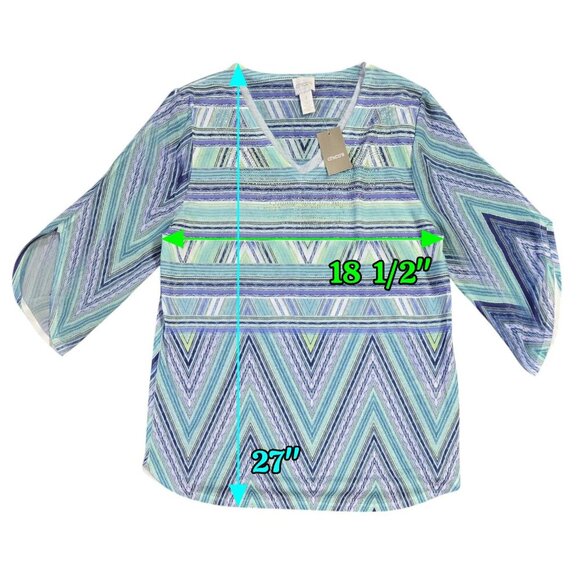 Chico's NWT Sasha Aqua Breeze Zigzag Chevron Beaded Top Beachy Boho - Picture 3 of 9
